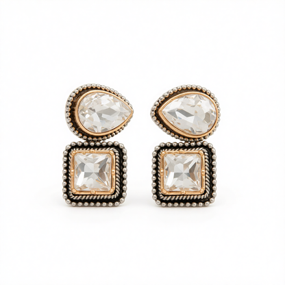 Clear Crystal & Two-Tone Drop Square Dangle Earrings