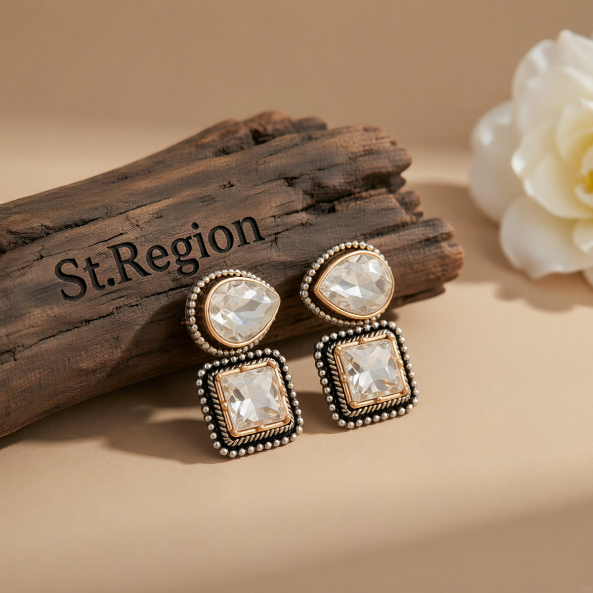 Clear Crystal & Two-Tone Drop Square Dangle Earrings