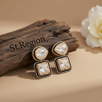 Clear Crystal & Two-Tone Drop Square Dangle Earrings