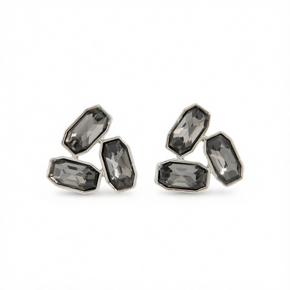 Gray Rectangle Tri-Crystal  & Silvertone Stud Earrings