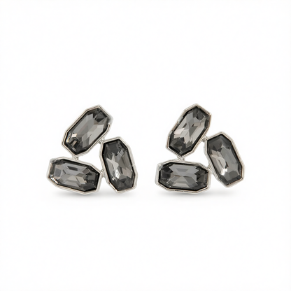 Gray Rectangle Tri-Crystal  & Silvertone Stud Earrings