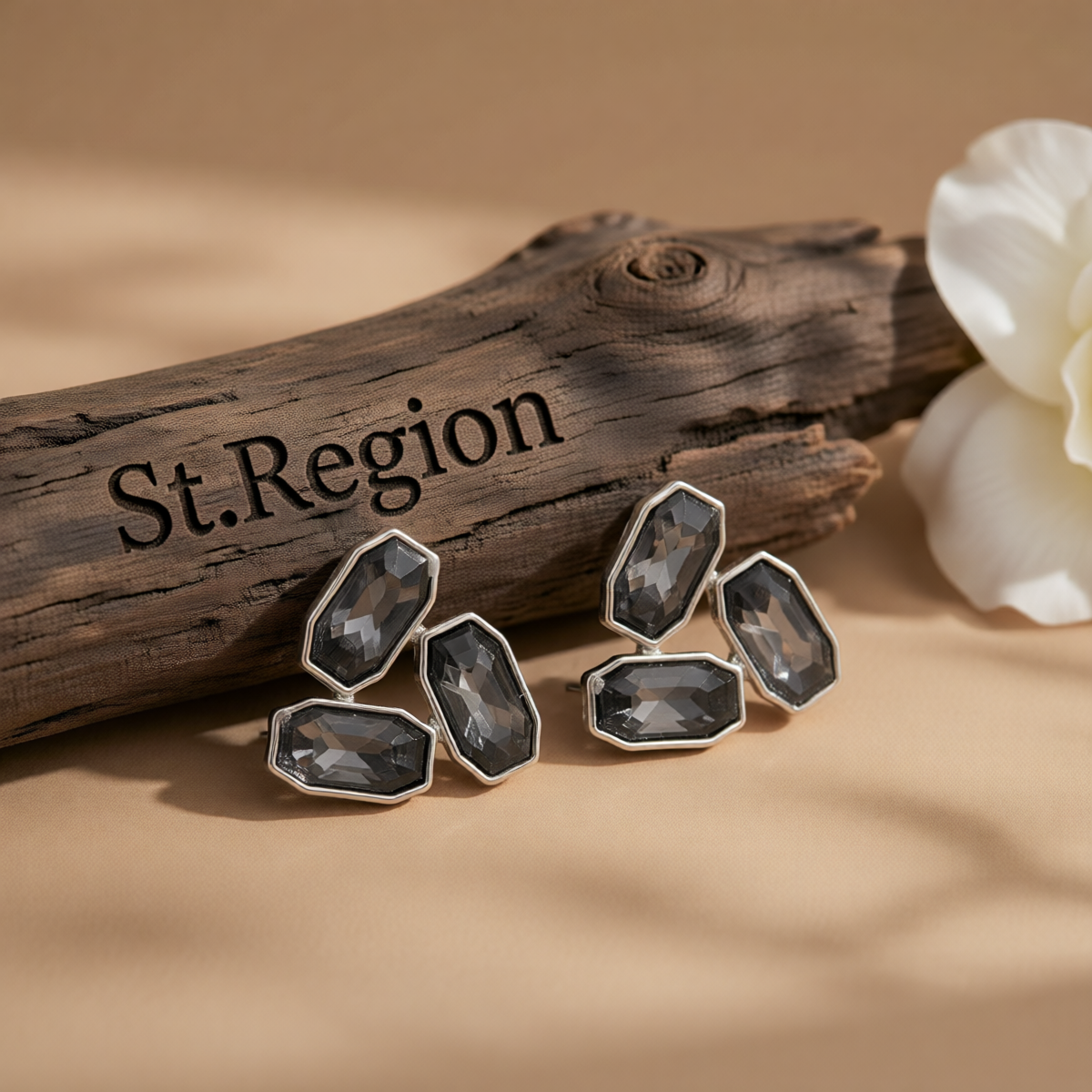 Gray Rectangle Tri-Crystal  & Silvertone Stud Earrings