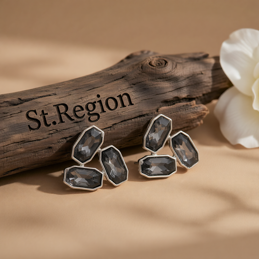 Gray Rectangle Tri-Crystal  & Silvertone Stud Earrings