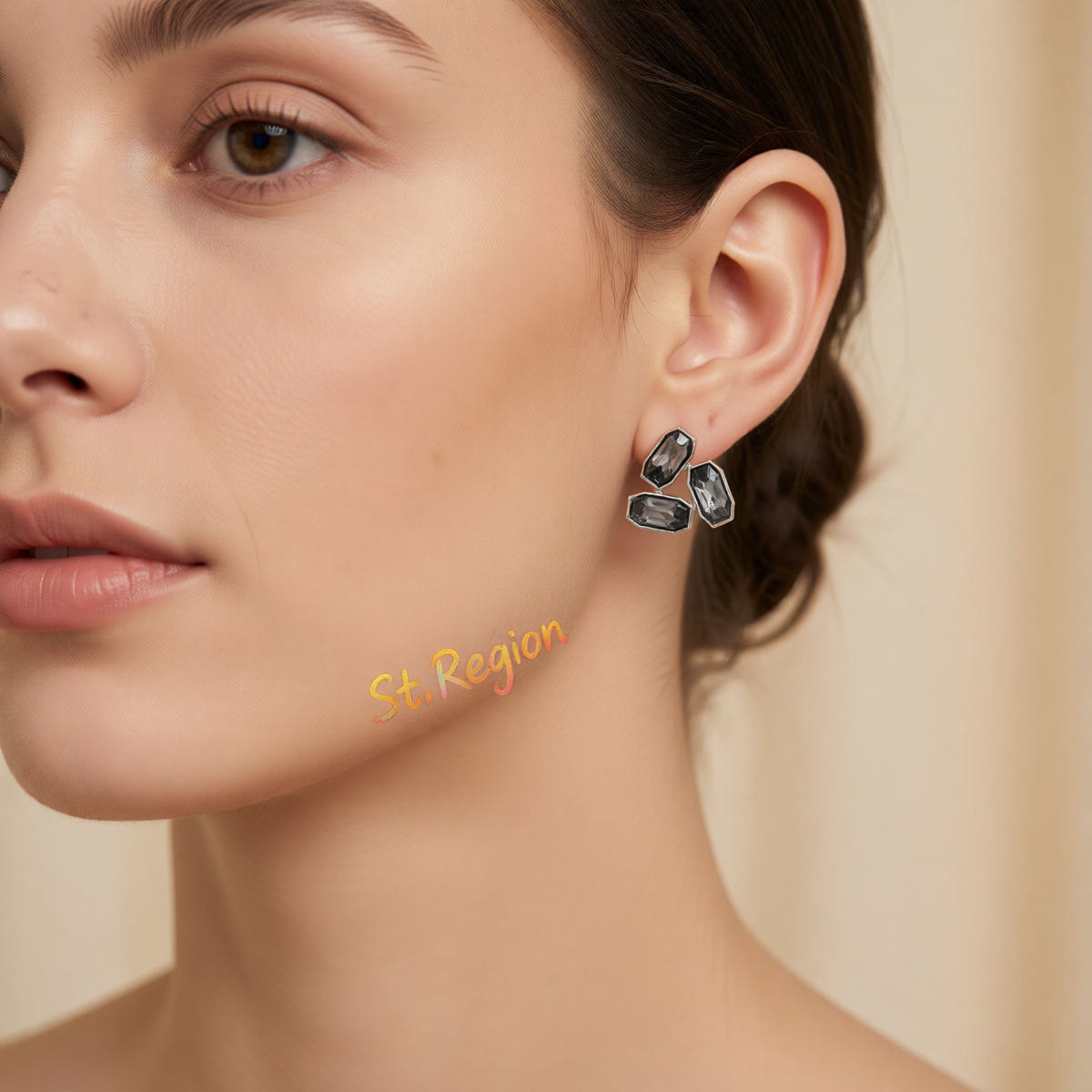 Gray Rectangle Tri-Crystal  & Silvertone Stud Earrings