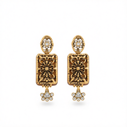 Cubic Zirconia & Goldtone Flower Rectangle Dangle Earrings