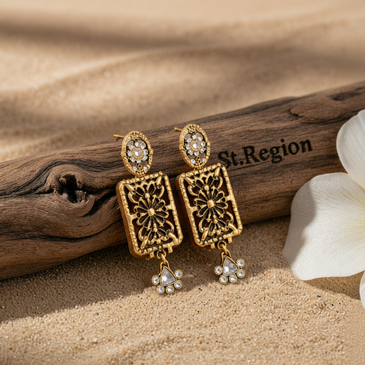 Cubic Zirconia & Goldtone Flower Rectangle Dangle Earrings