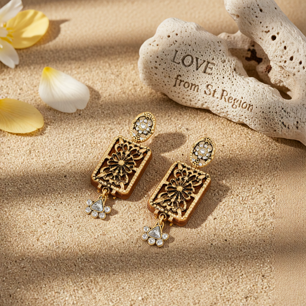 Cubic Zirconia & Goldtone Flower Rectangle Dangle Earrings