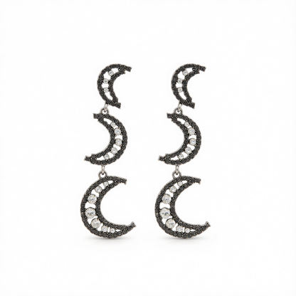 Black Cubic Zirconia & Silvertone Tiered Moon Dangle Earrings