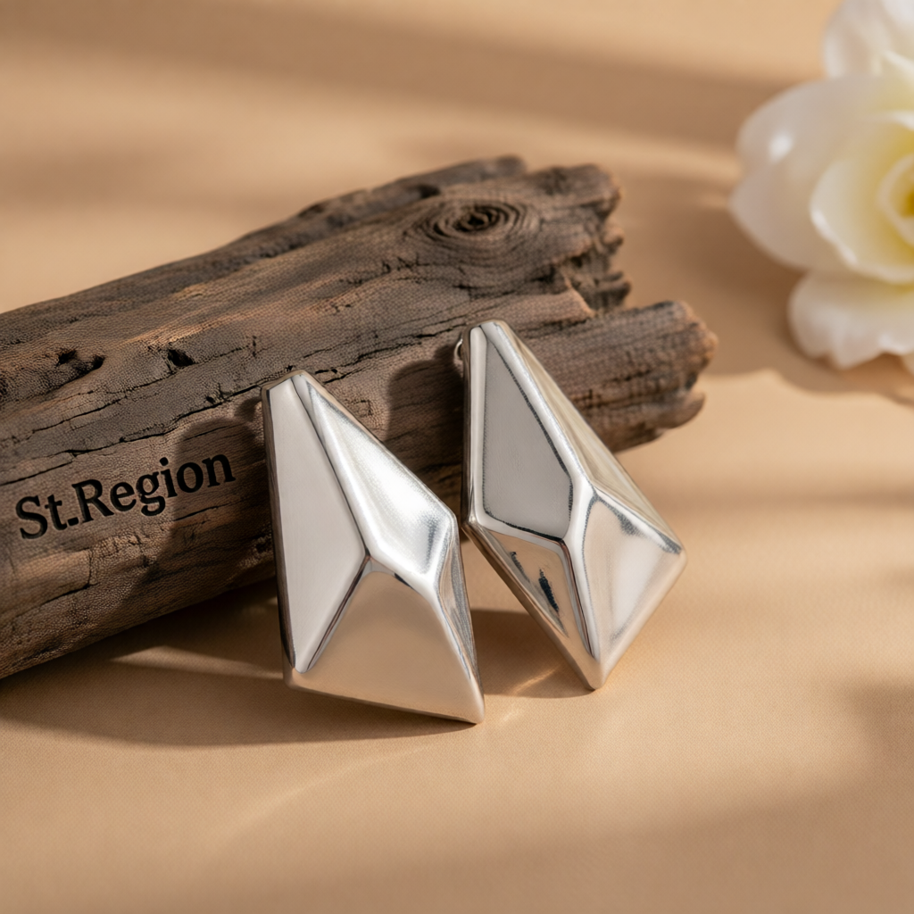 Silvertone 3D Diamond Cut Statement Stud Earrings