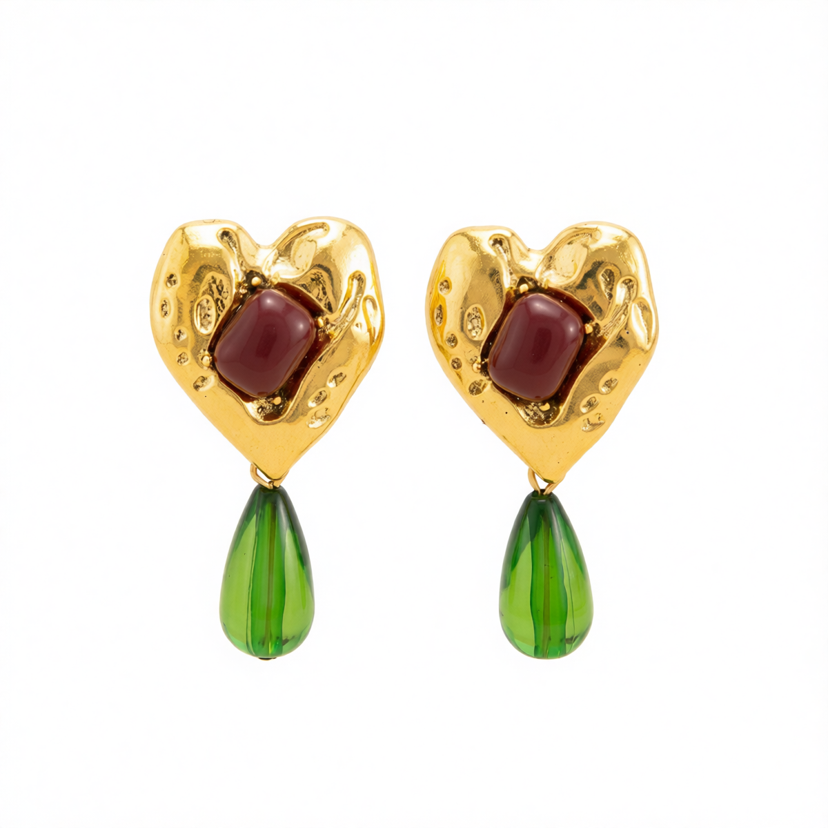 Green Resin & Goldtone Heart Drop Earrings