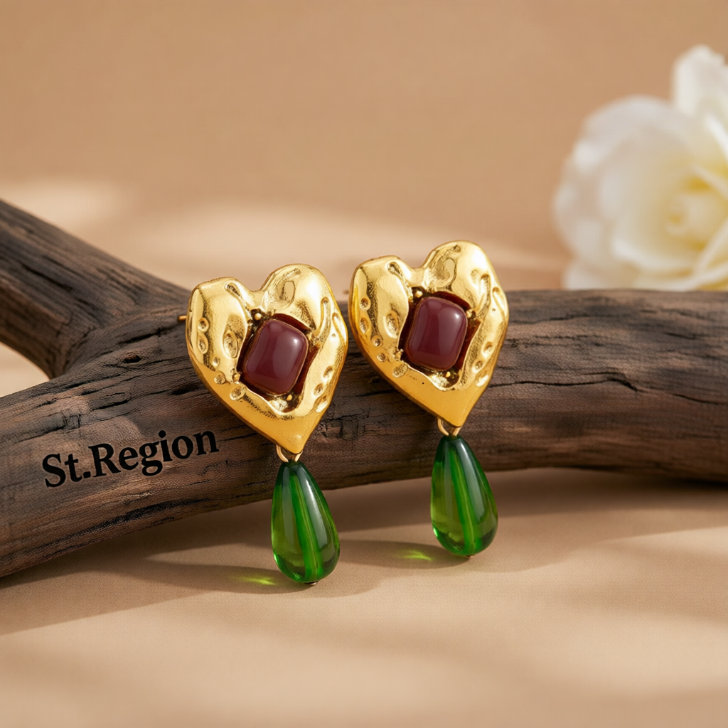 Green Resin & Goldtone Heart Drop Earrings