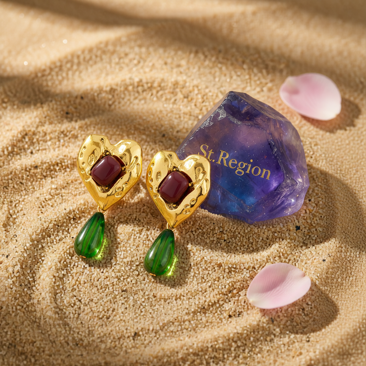 Green Resin & Goldtone Heart Drop Earrings