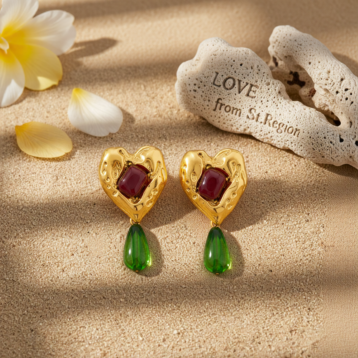 Green Resin & Goldtone Heart Drop Earrings