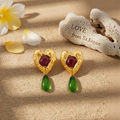 Green Resin & Goldtone Heart Drop Earrings