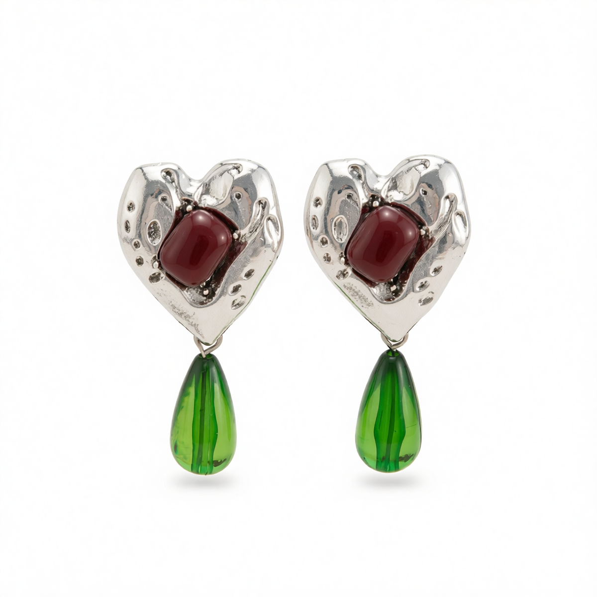 Green Resin & Silvertone Heart Drop Earrings