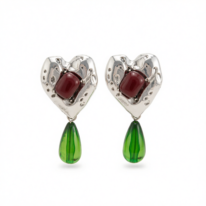 Green Resin & Silvertone Heart Drop Earrings