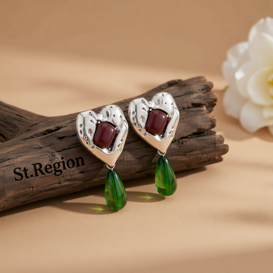 Green Resin & Silvertone Heart Drop Earrings