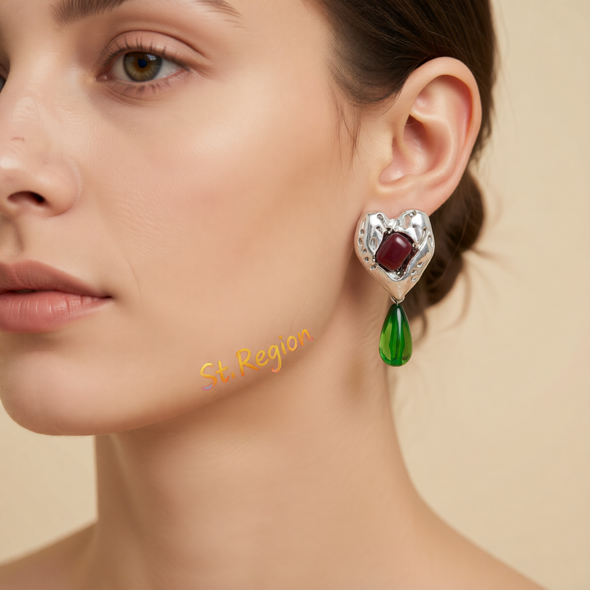 Green Resin & Silvertone Heart Drop Earrings