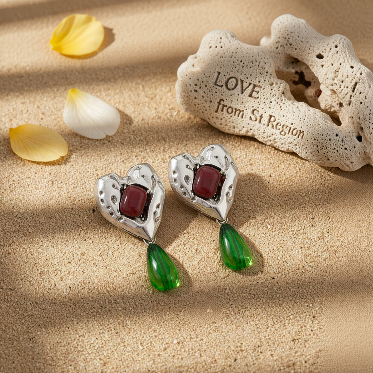 Green Resin & Silvertone Heart Drop Earrings