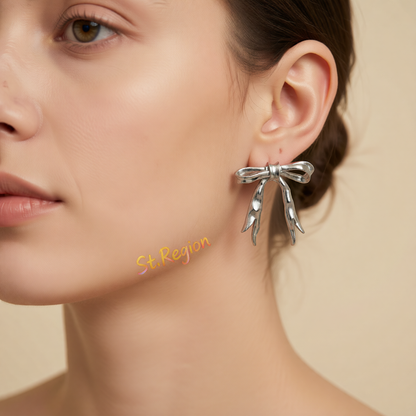 Silvertone Hammered Bow Stud Earrings