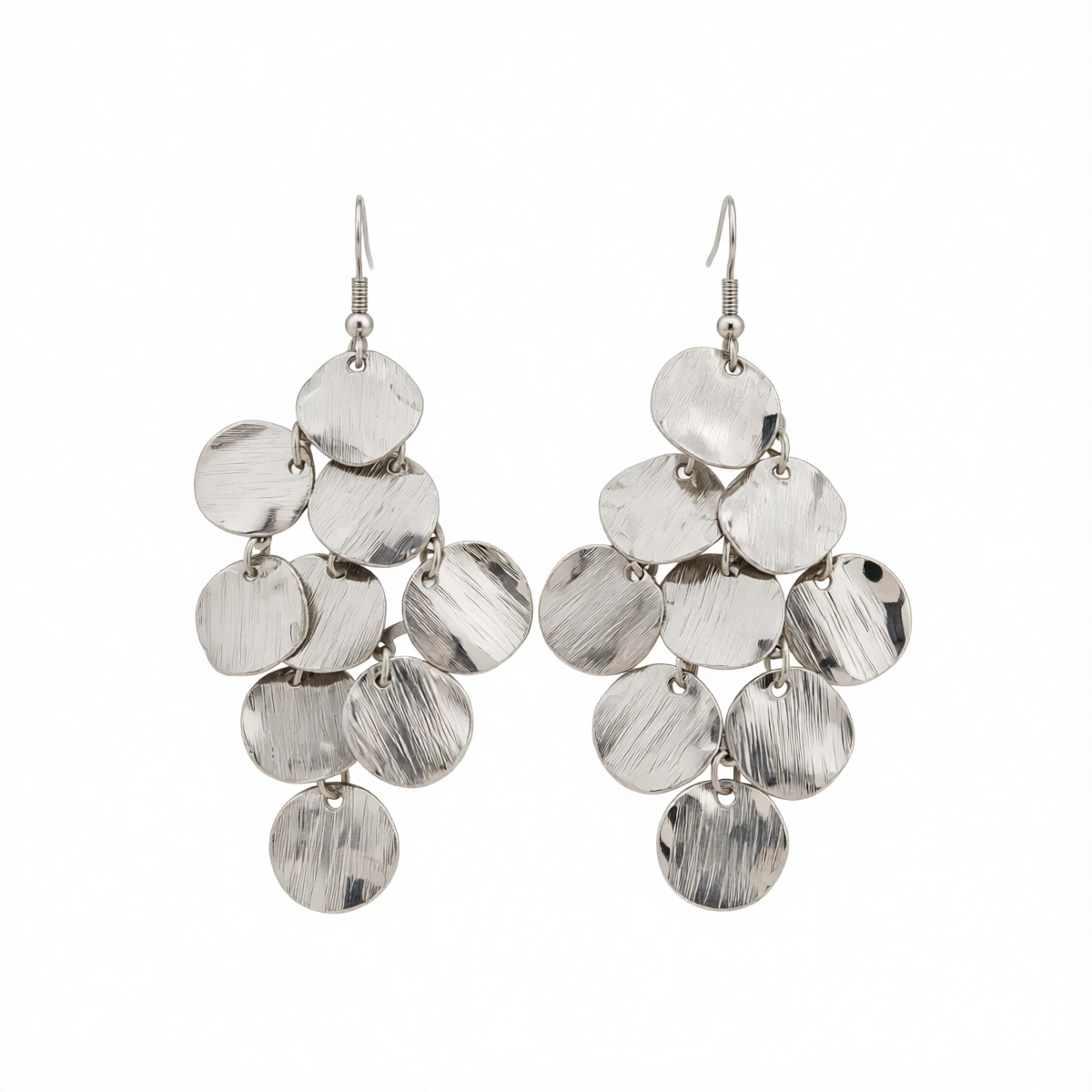 Silvertone Textured Disc Tassel Dangle Earrings