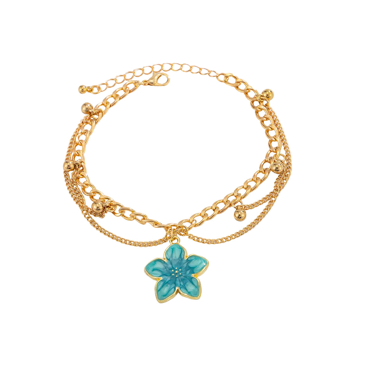 Blue Enamel & Goldtone Flower Charm Layered Anklet