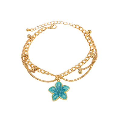 Blue Enamel & Goldtone Flower Charm Layered Anklet