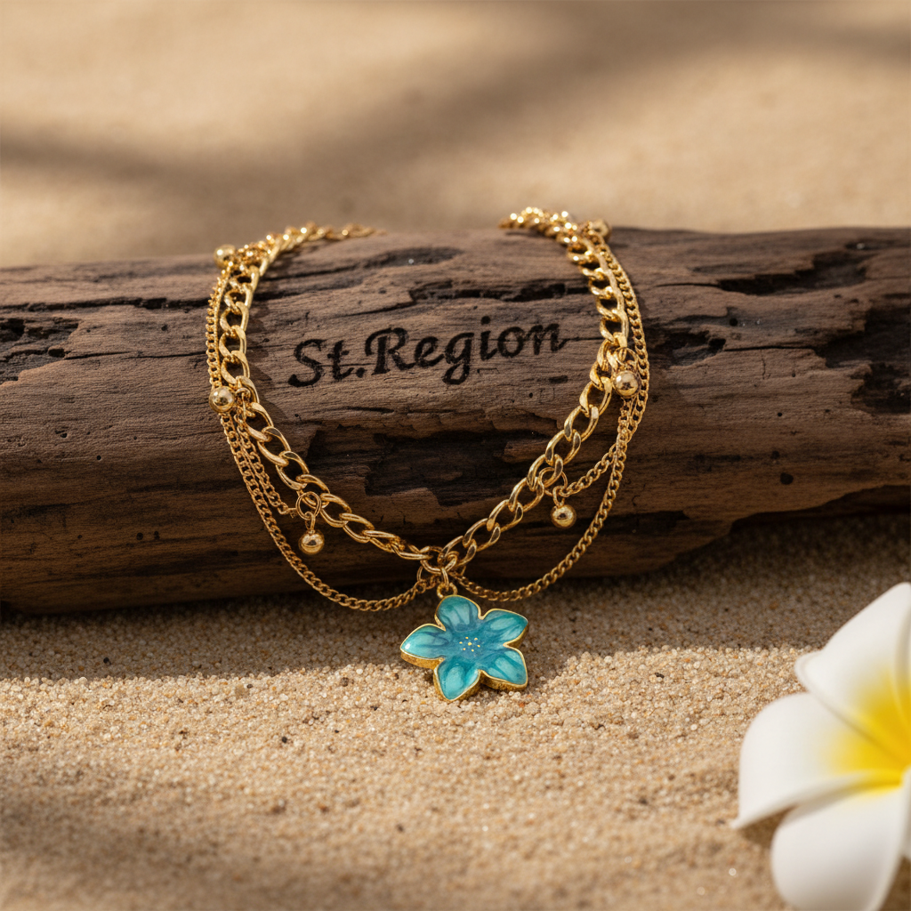 Blue Enamel & Goldtone Flower Charm Layered Anklet