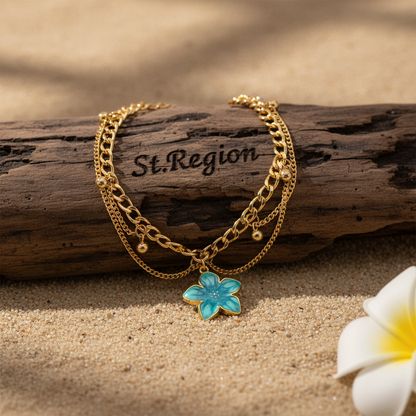 Blue Enamel & Goldtone Flower Charm Layered Anklet