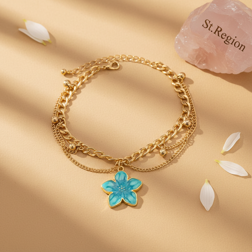 Blue Enamel & Goldtone Flower Charm Layered Anklet
