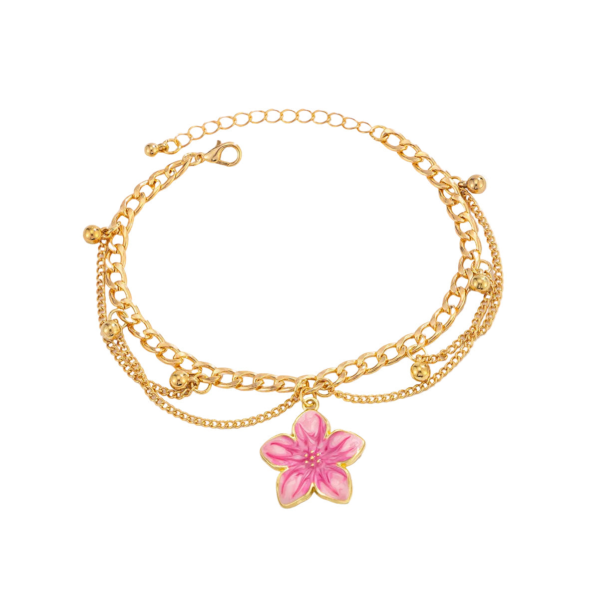 Pink Enamel & Goldtone Flower Charm Layered Anklet