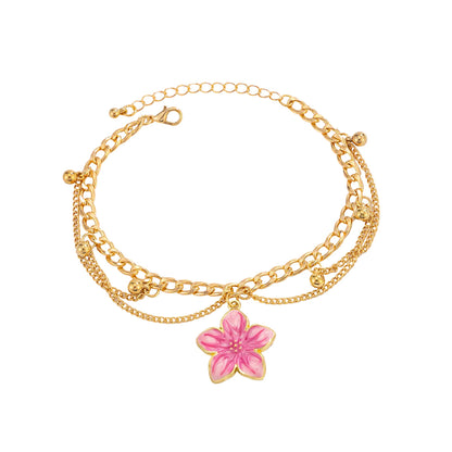Pink Enamel & Goldtone Flower Charm Layered Anklet