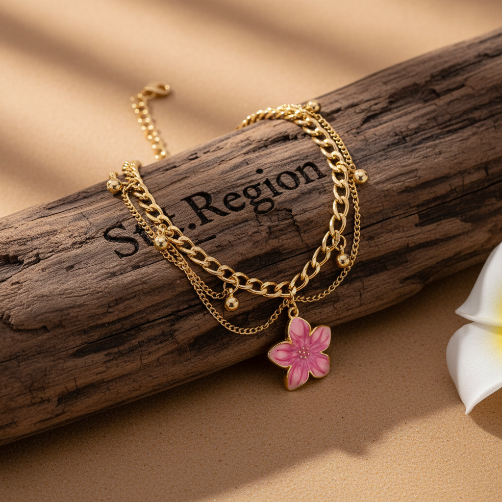 Pink Enamel & Goldtone Flower Charm Layered Anklet