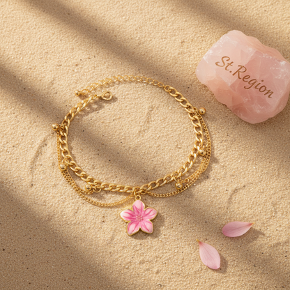 Pink Enamel & Goldtone Flower Charm Layered Anklet