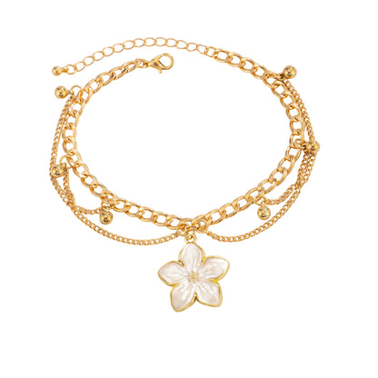 White Enamel & Goldtone Flower Charm Layered Anklet