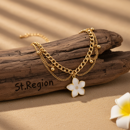 White Enamel & Goldtone Flower Charm Layered Anklet