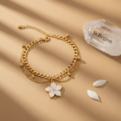 White Enamel & Goldtone Flower Charm Layered Anklet