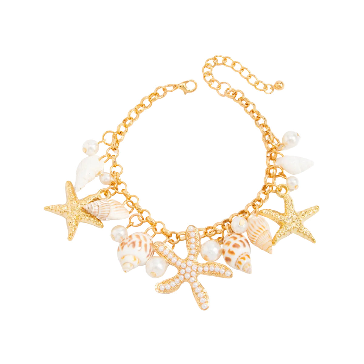 Pearl & Shell Goldtone Starfish Cluster Charm Anklet