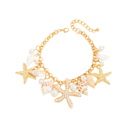 Pearl & Shell Goldtone Starfish Cluster Charm Anklet