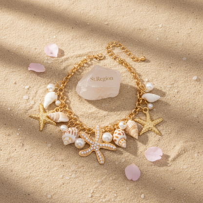 Pearl & Shell Goldtone Starfish Cluster Charm Anklet