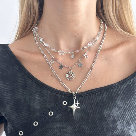 Clear Resin & Pearl Silvertone Swirl Star Pendant Necklace Set