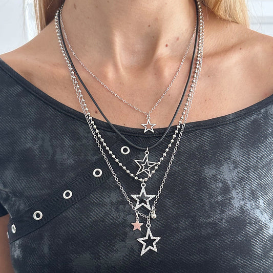 Black Polyster & Cubic Zirconia Acrylic Silvertone Star Pendant Necklace Set