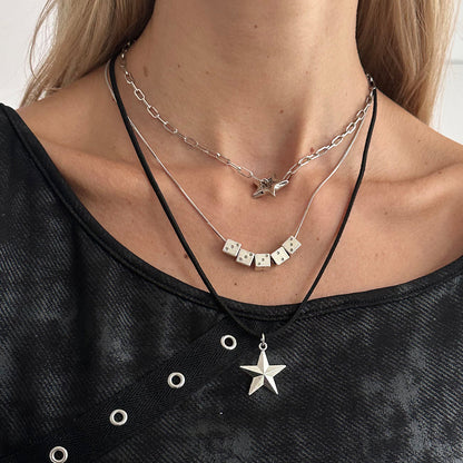Black Polyster & Silvertone Star Dice Pendant Necklace Set