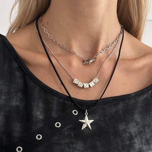 Black Polyster & Silvertone Star Dice Pendant Necklace Set