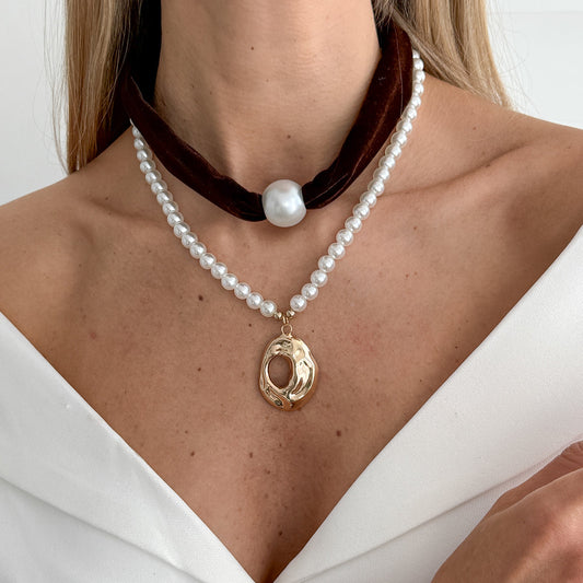 Dark Brown Polyster & Pearl Goldtone Open Drop Pendant Necklace Set