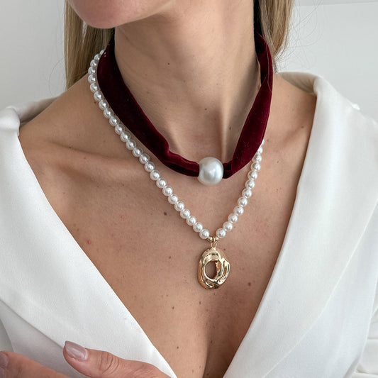 Wine Red Polyster & Pearl Goldtone Open Drop Pendant Necklace Set