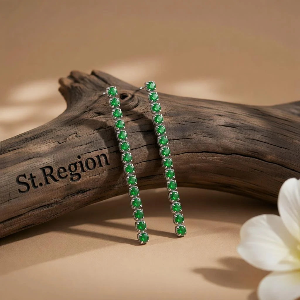 Green Cubic Zirconia & Silvertone Tassel Drop Earrings