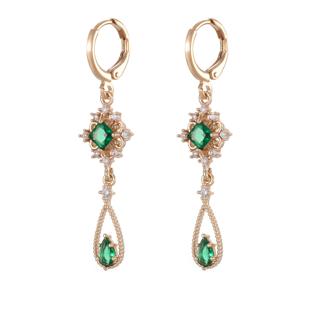 Emerald Crystal & Cubic Zirconia Goldtone Rhombus Drop Huggie Earrings