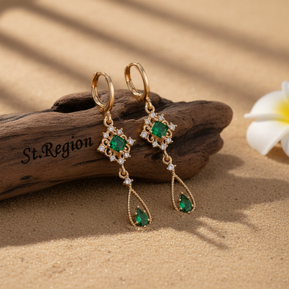 Emerald Crystal & Cubic Zirconia Goldtone Rhombus Drop Huggie Earrings