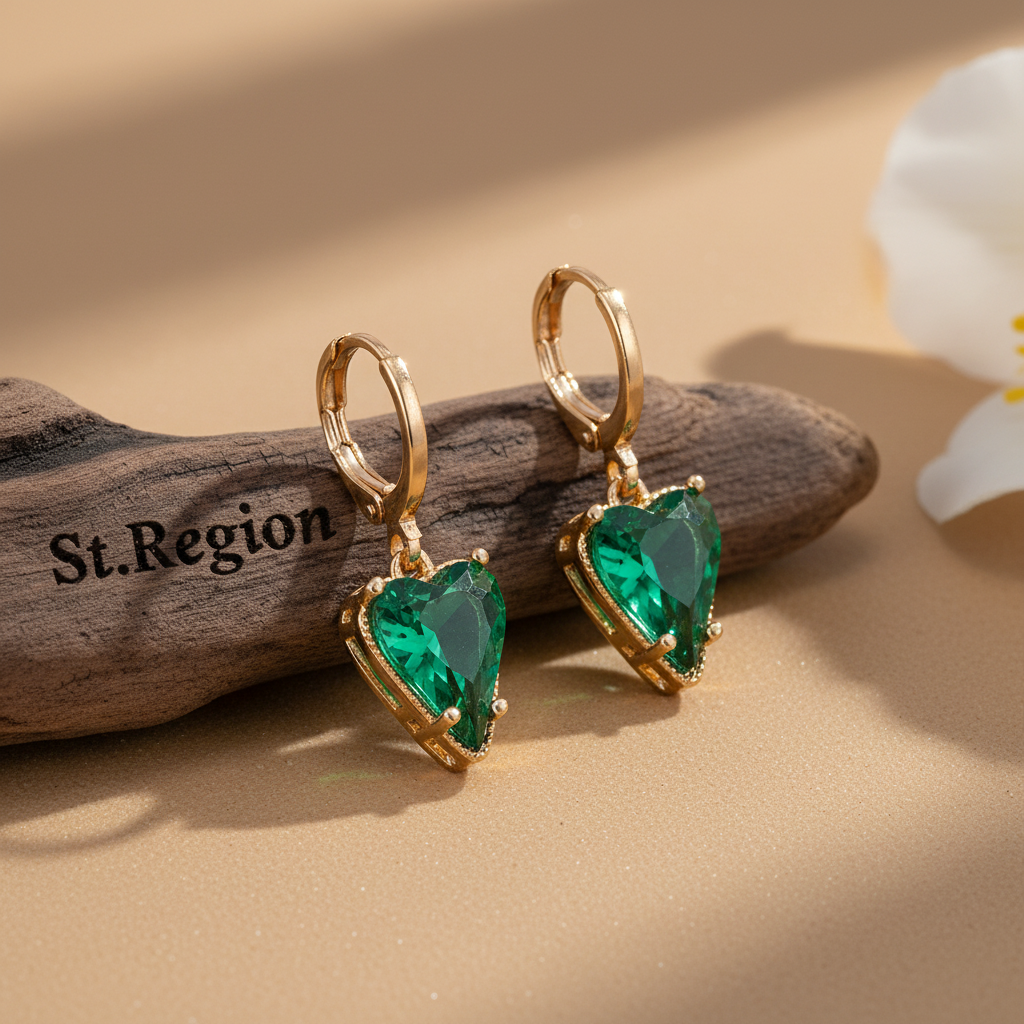 Emerald Crystal & Goldtone Heart Huggie Earrings